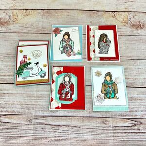 Handmade Christmas Card Lot of 6 "WARMEST WISHES" feminine, cozy, coffee, tea